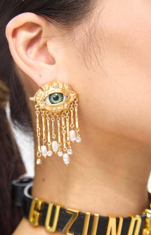 Anata Eye Baroque Pearl Golden Fringe Earrings.