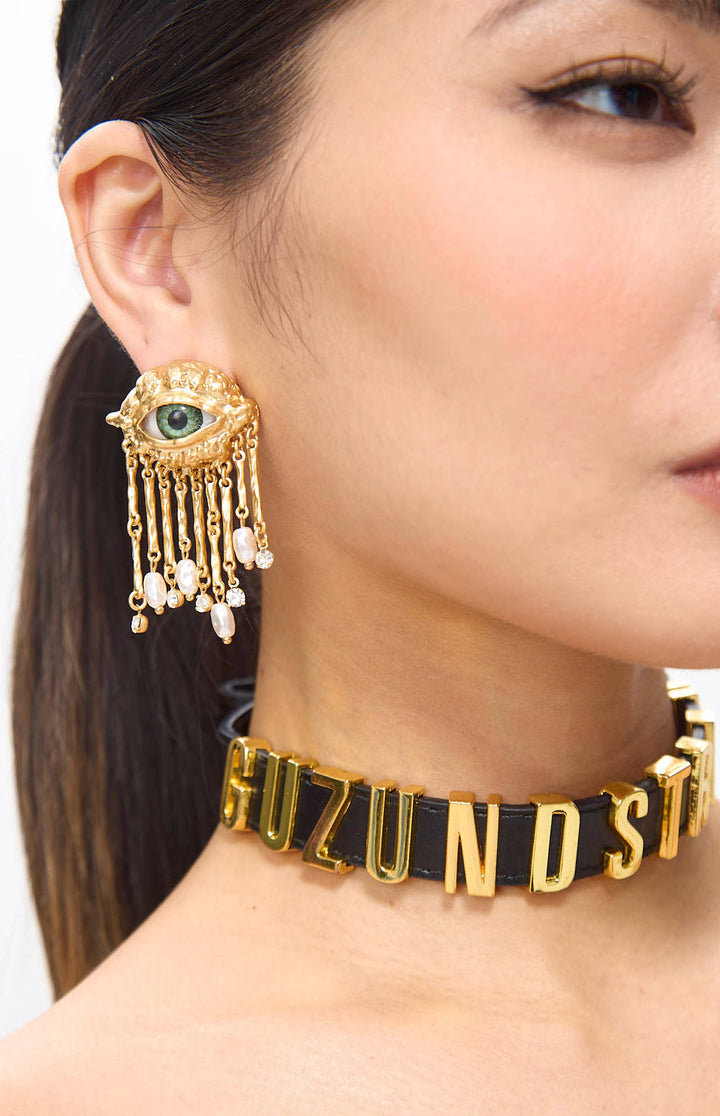 Anata Eye Baroque Pearl Golden Fringe Earrings.