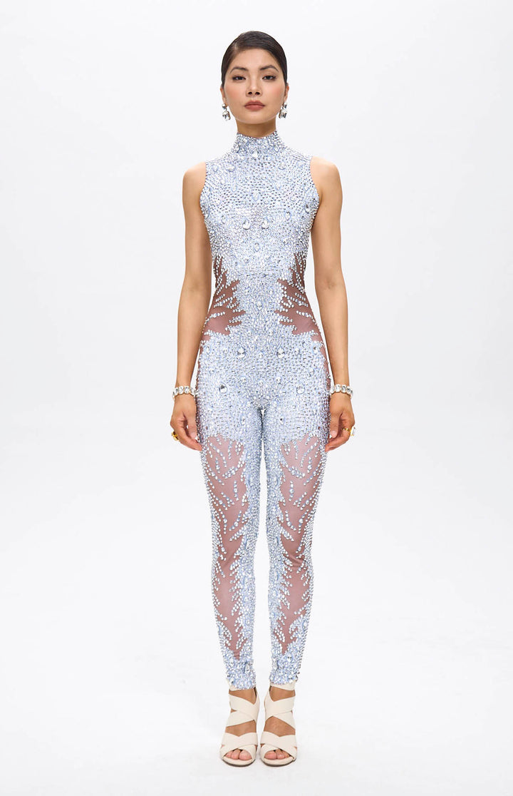Beyo Diamante Embellished Crystal Mesh Catsuit.