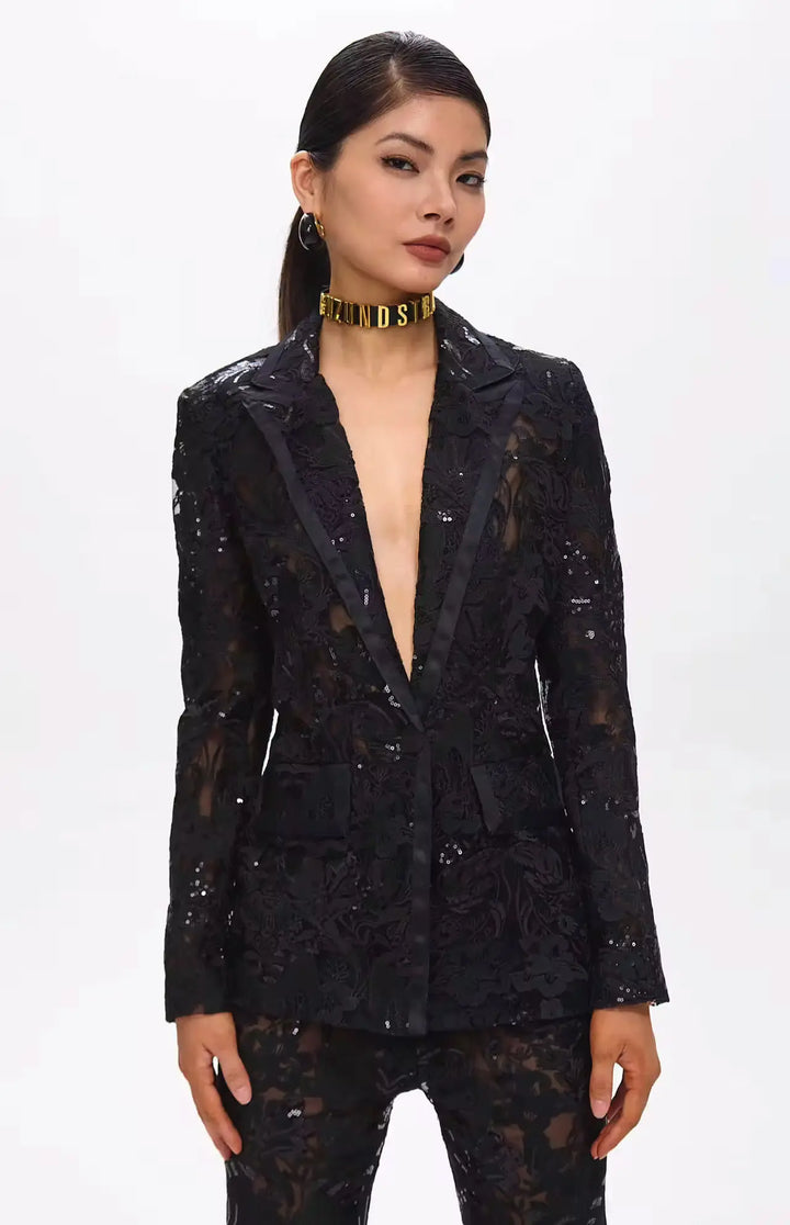 Carie Sequin Floral Blazer Set Black.