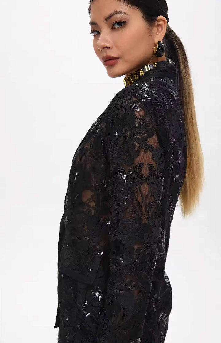 Carie Sequin Floral Blazer Set Black.