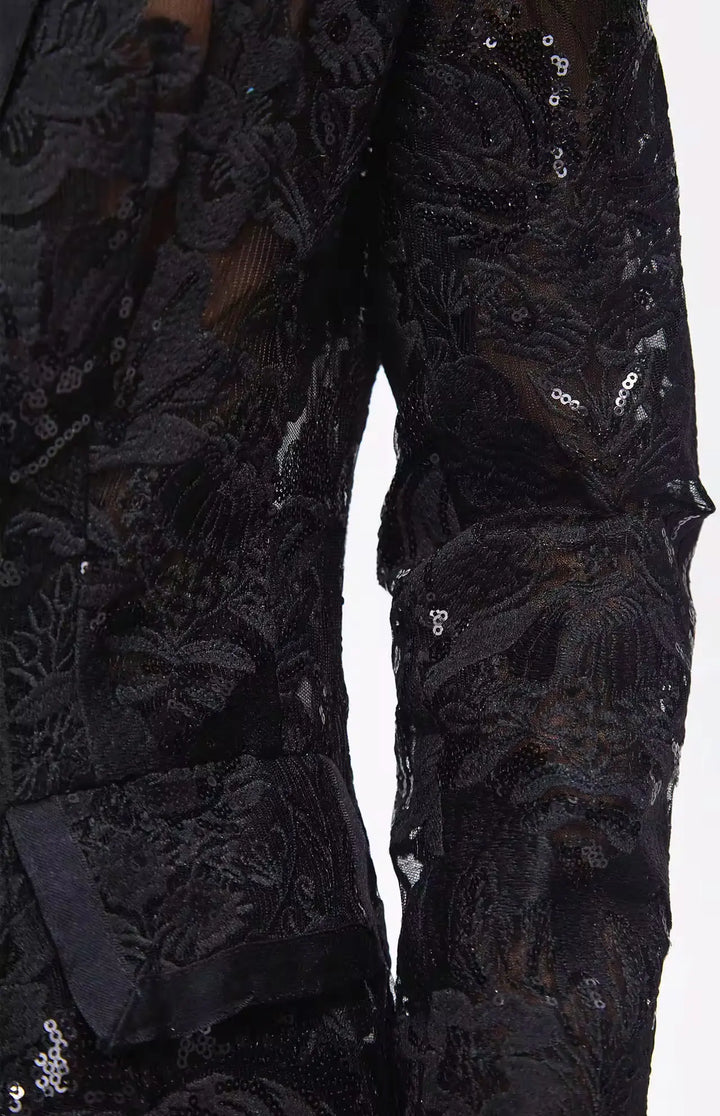 Carie Sequin Floral Blazer Set Black.