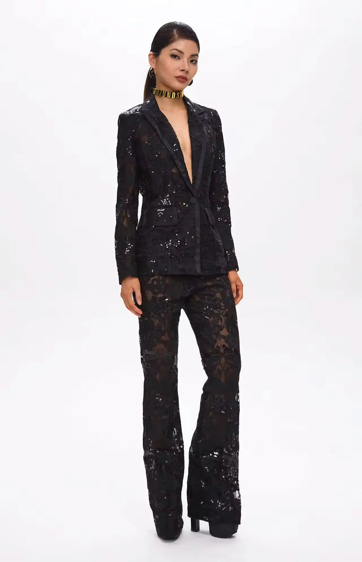 Carie Sequin Floral Blazer Set Black.