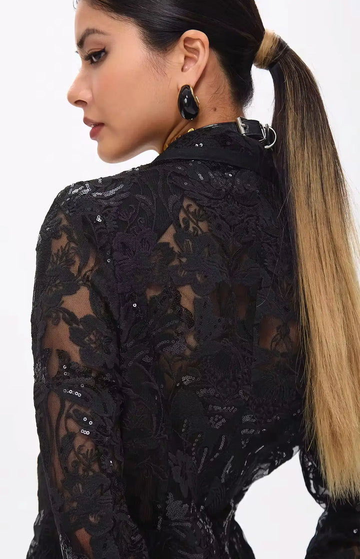 Carie Sequin Floral Blazer Set Black.