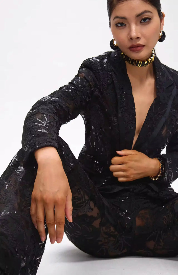 Carie Sequin Floral Blazer Set Black.