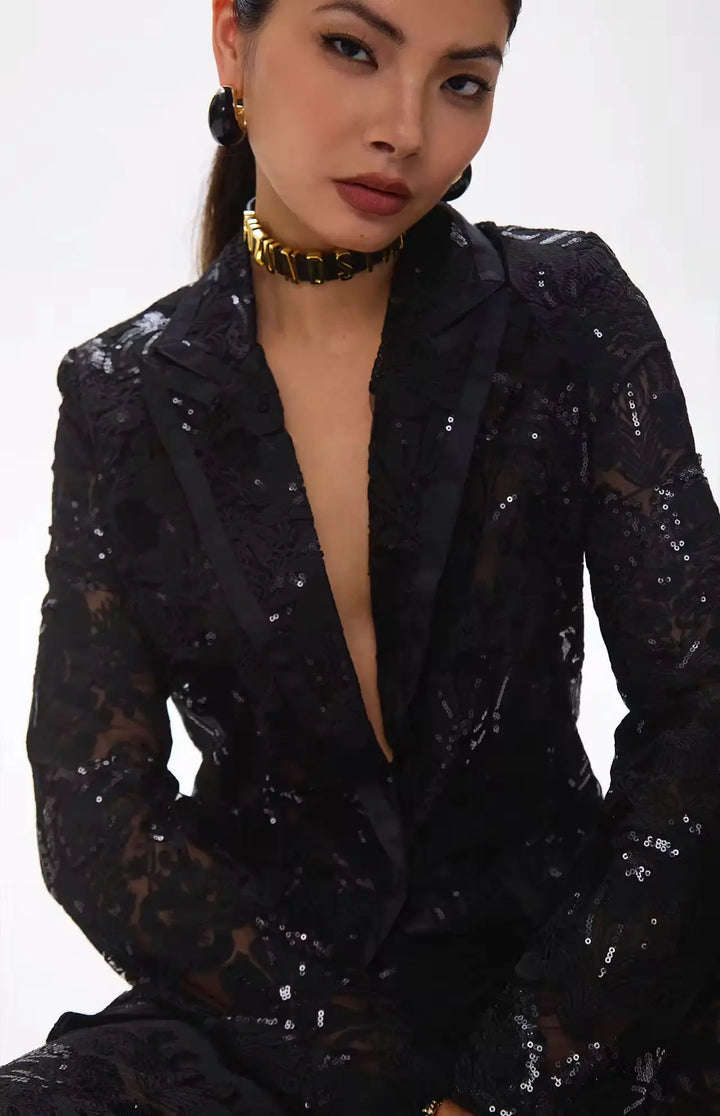Carie Sequin Floral Blazer Set Black.