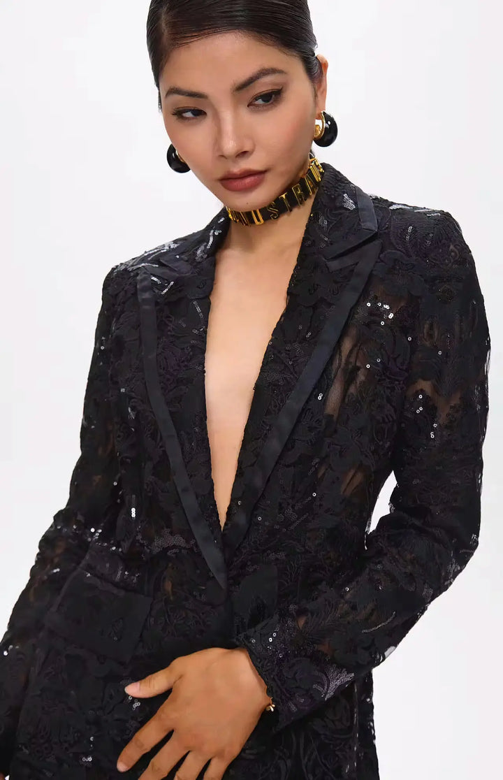 Carie Sequin Floral Blazer Set Black.