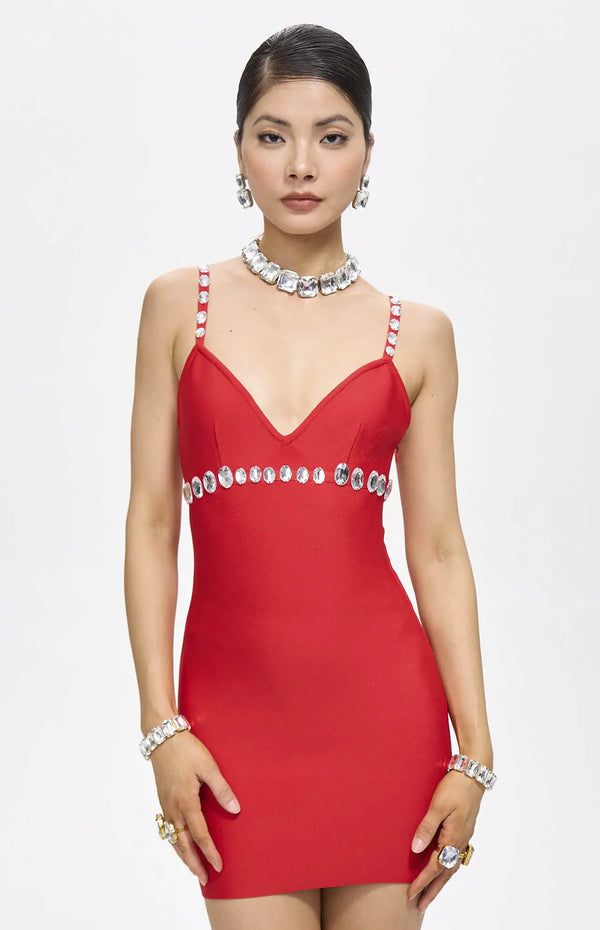 Comma Embellished Crystal Bandage Mini Dress Red.