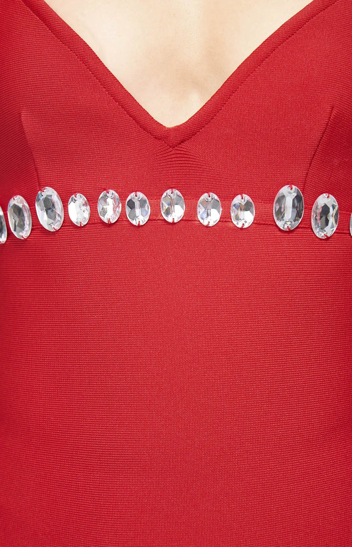 Comma Embellished Crystal Bandage Mini Dress Red.