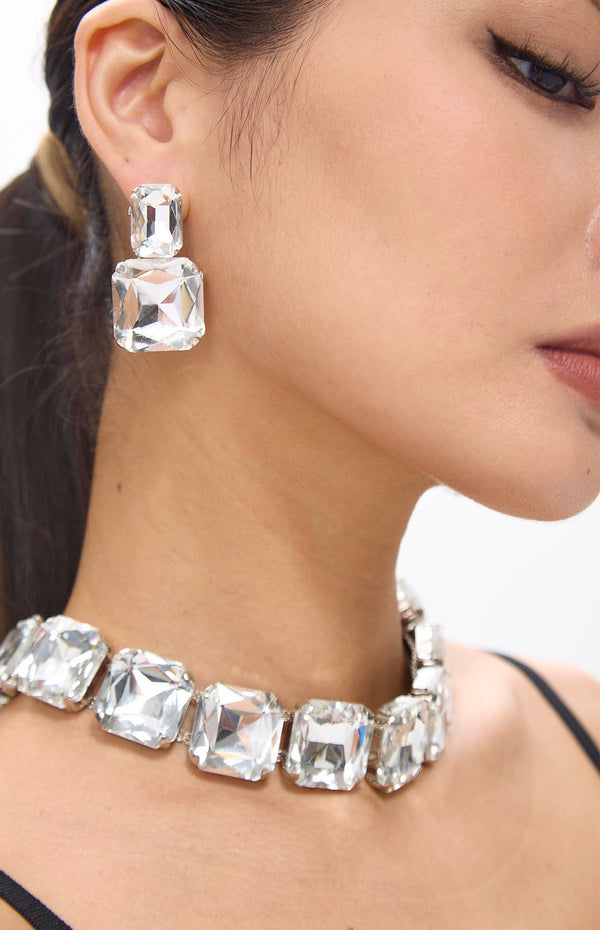 White Diamante Crystal Necklace & Earrings Set.