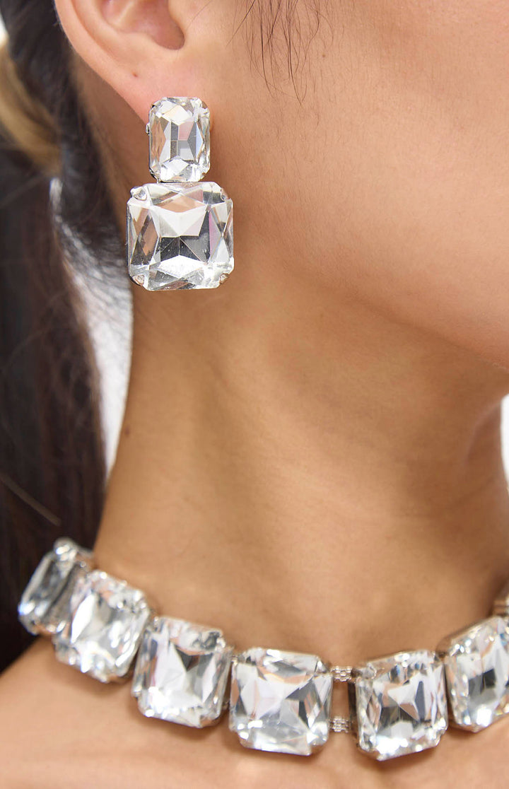 White Diamante Crystal Necklace & Earrings Set.