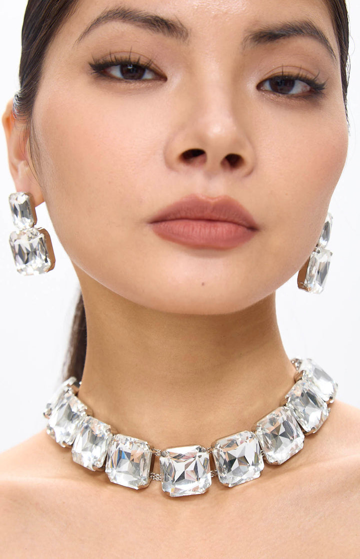 White Diamante Crystal Necklace & Earrings Set.
