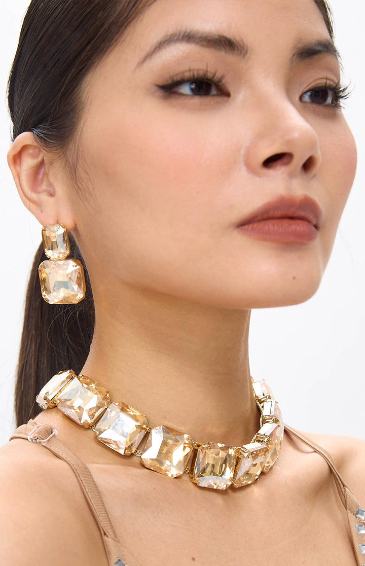 Golden Diamante Crystal Necklace & Earrings Set.