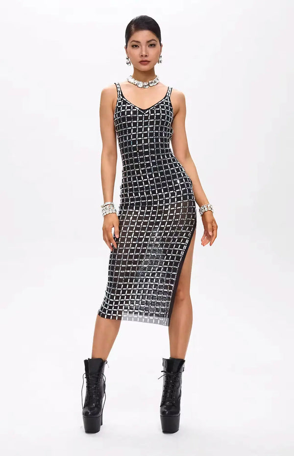 Gige Embellished Open Slit Crystal Midi Dress.