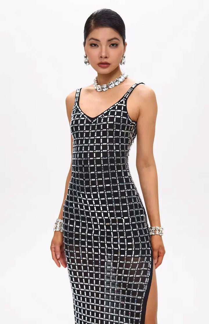 Gige Embellished Open Slit Crystal Midi Dress.
