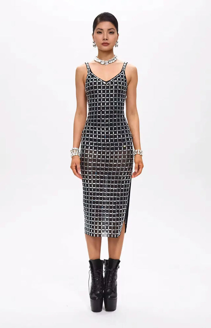 Gige Embellished Open Slit Crystal Midi Dress.