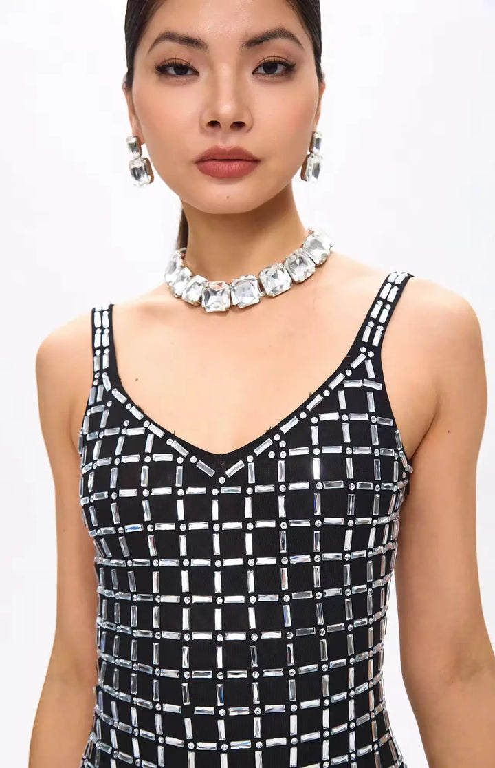 Gige Embellished Open Slit Crystal Midi Dress.