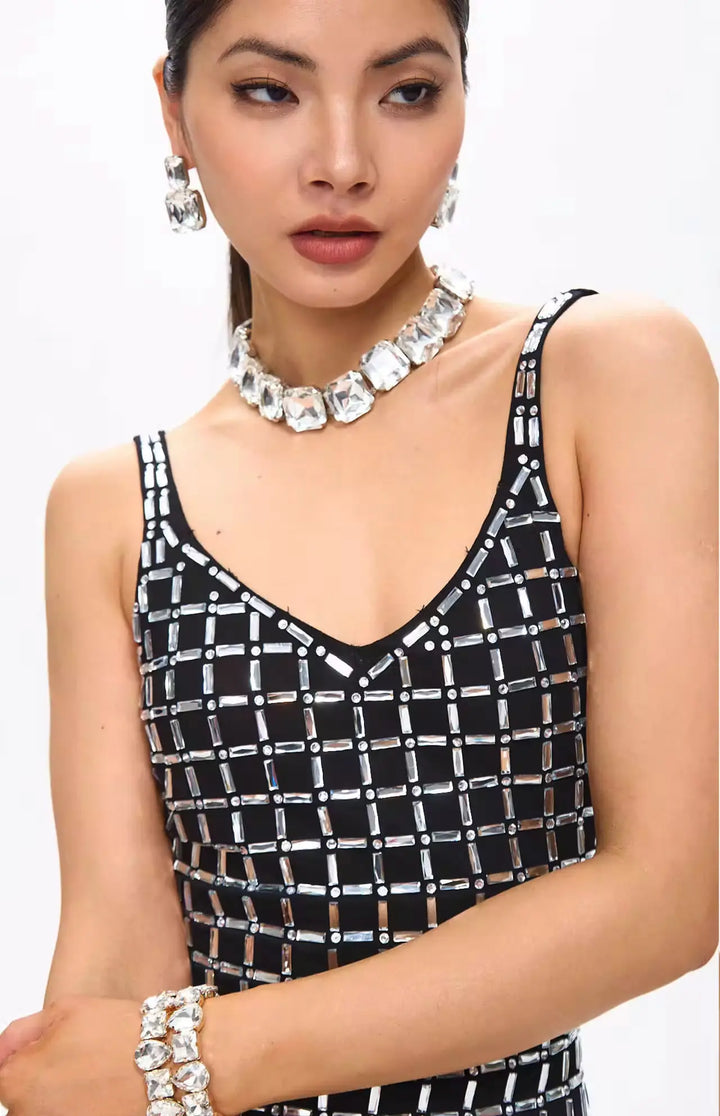 Gige Embellished Open Slit Crystal Midi Dress.
