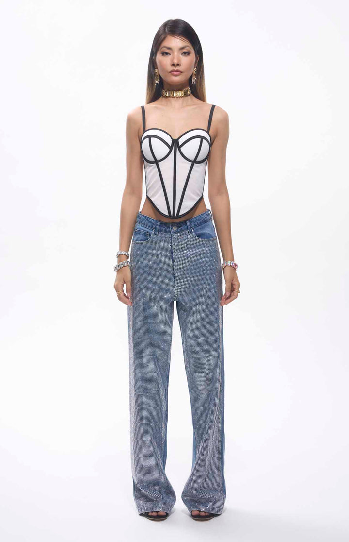 Hana Mesh Corset Top White by GUZUNDSTRAUS - Feminine Culture & Festive Vibe - Party Dress to Impress - Luxury Dresses & Contemporary Denim guzundstraus.co
Diamante jeans, luxury denim, luxury pants, pxury women trousers, crystal jeans, corset top, corsette womens top, luxury womenswear, luxury dress