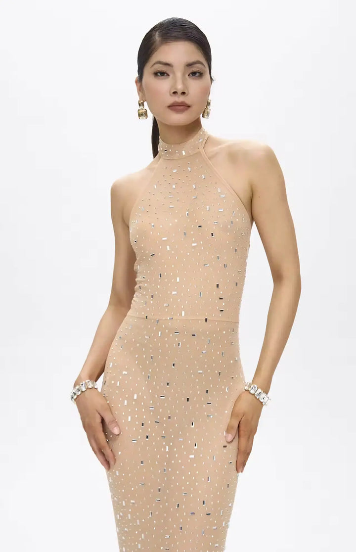 Huna Crystal Embellished Backless Maxi Dress Beige.
