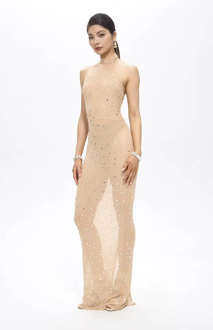 Huna Crystal Embellished Backless Maxi Dress Beige.