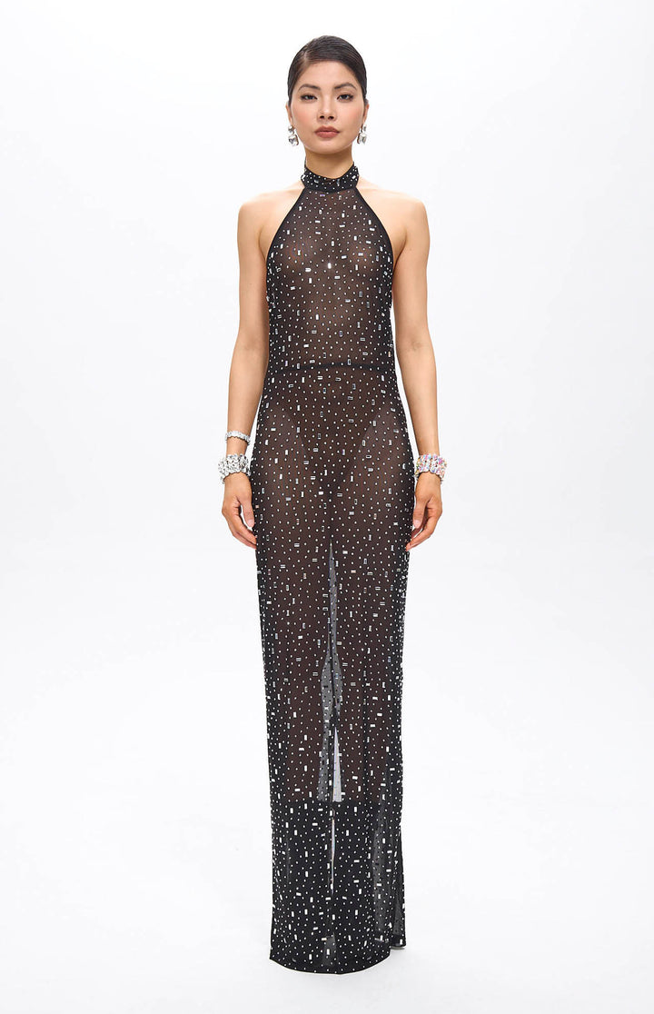 Huna Crystal Embellished Backless Maxi Dress Black.