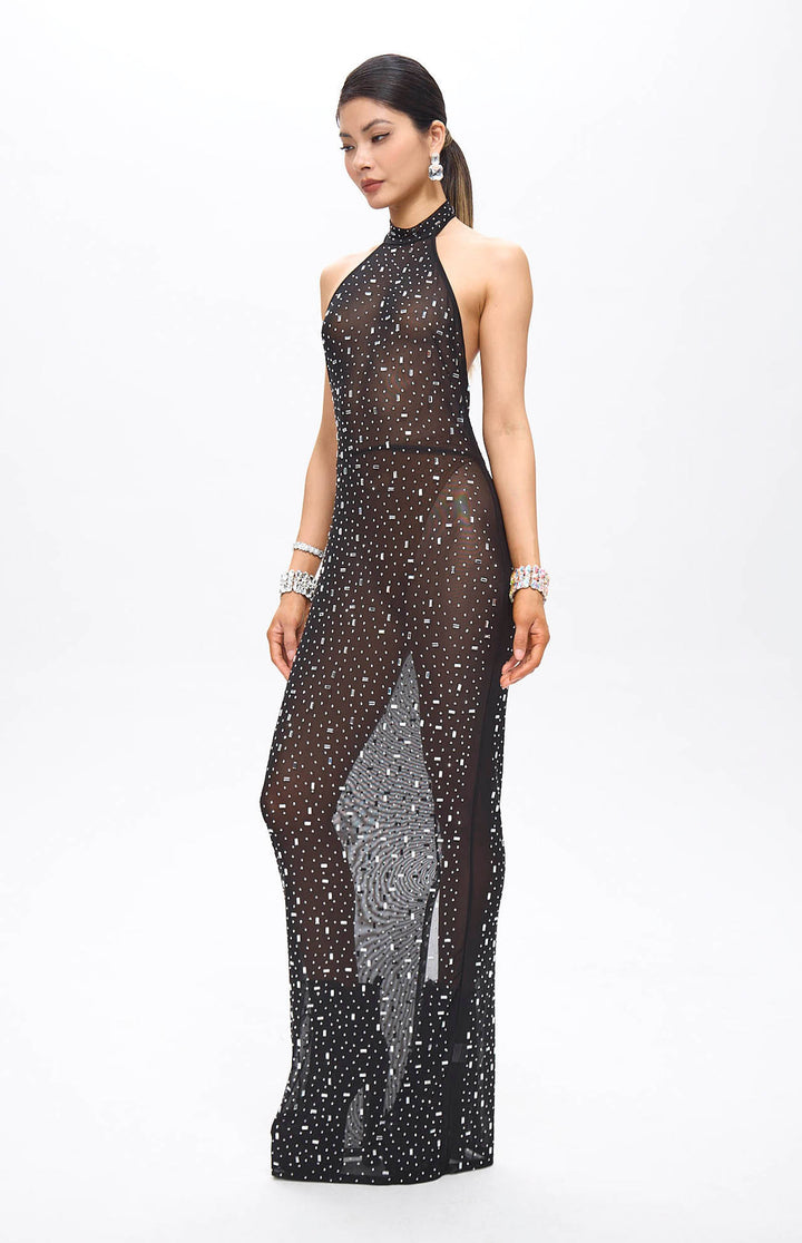 Huna Crystal Embellished Backless Maxi Dress Black.