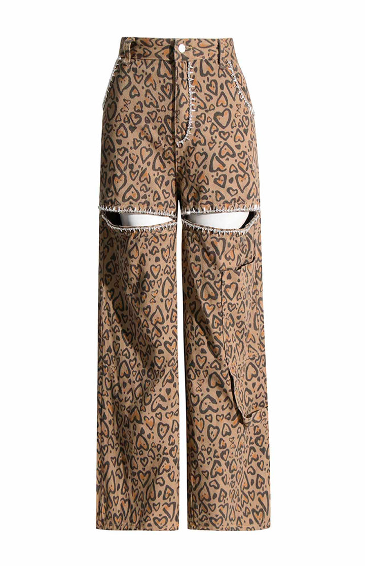 Jara Crystal Embellished Cut-out Heart Printed Straight Leg Jeans.