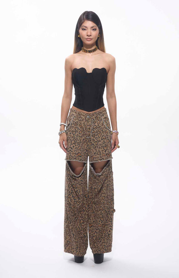 Jara Crystal Embellished Cut-out Heart Printed Straight Leg Jeans.