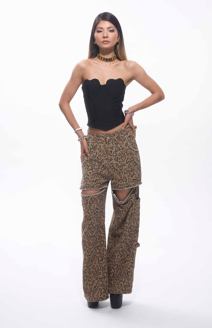 Jara Crystal Embellished Cut-out Heart Printed Straight Leg Jeans.