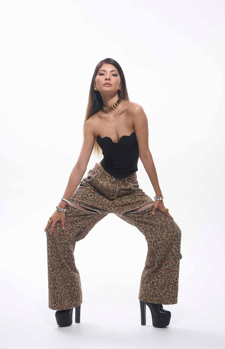 Jara Crystal Embellished Cut-out Heart Printed Straight Leg Jeans.