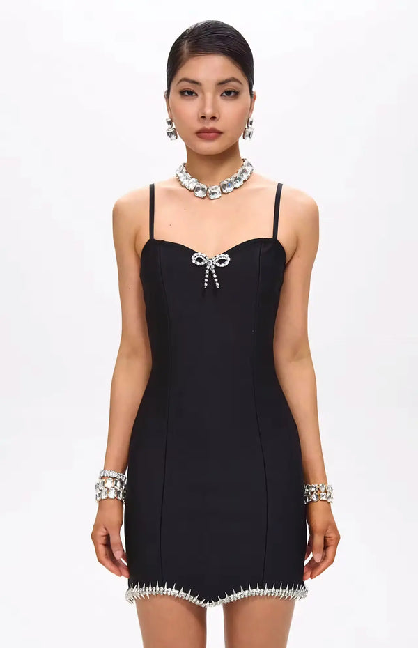 Jina Embellished Crystal Bow Bandage Mini Dress Black.