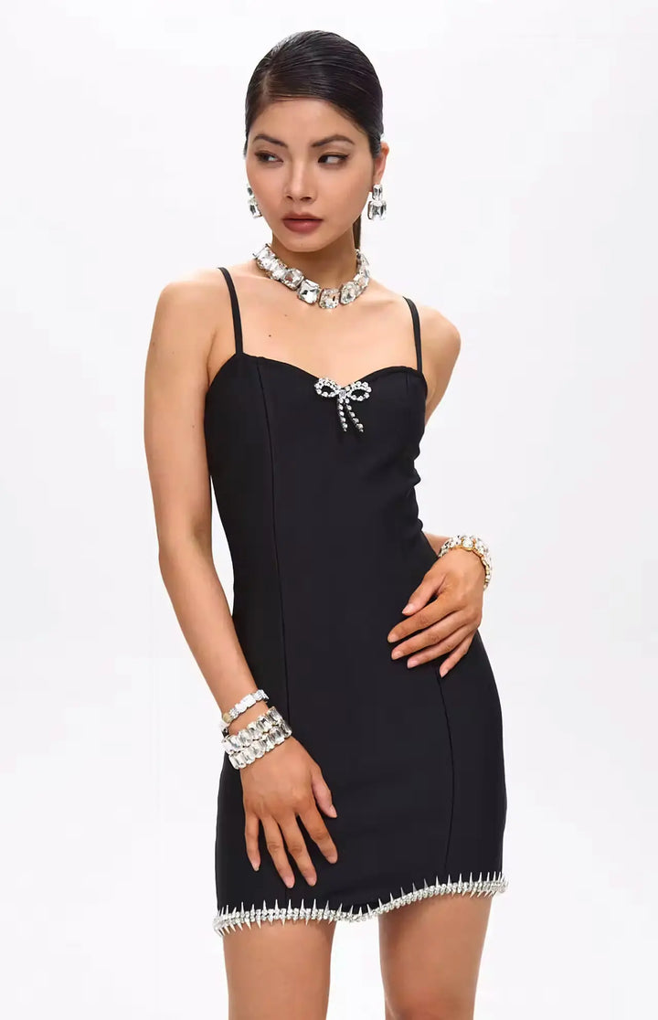 Jina Embellished Crystal Bow Bandage Mini Dress Black.