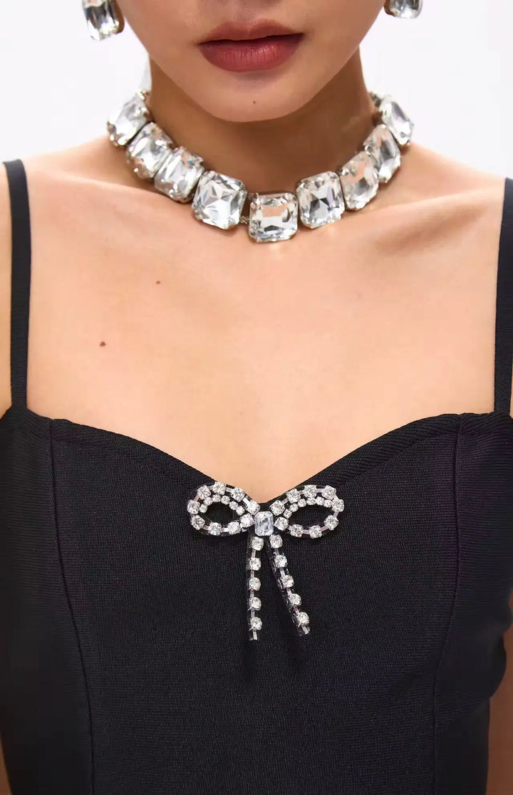 Jina Embellished Crystal Bow Bandage Mini Dress Black.