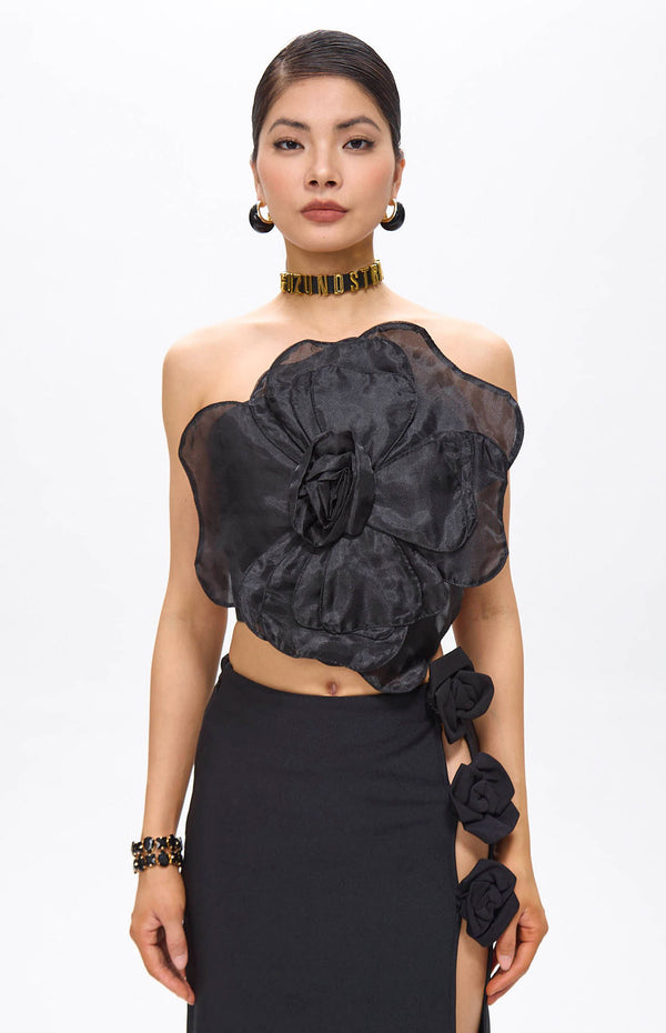 Lila Black Flower Decor Strapless Top.