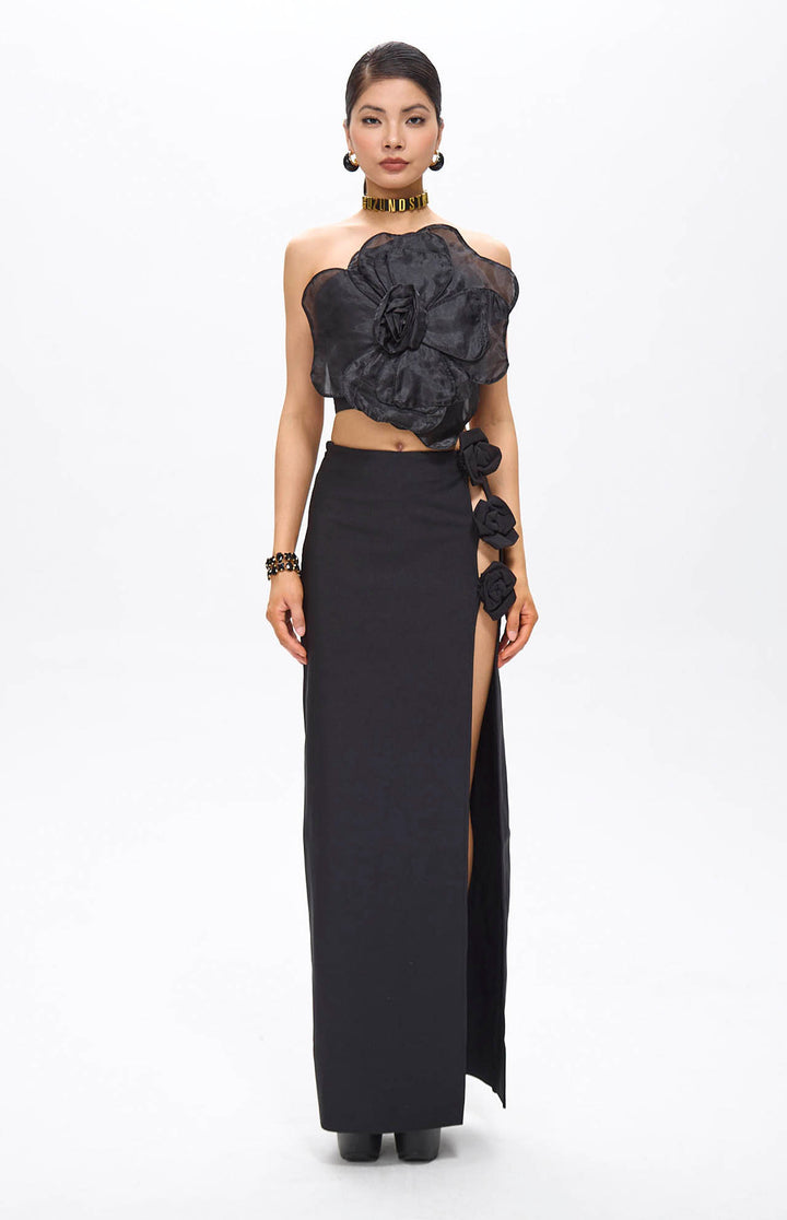Lila Black Flower Decor Strapless Top.