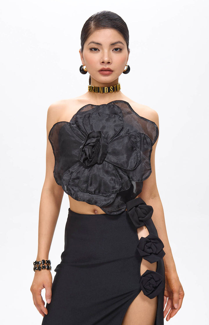 Lila Black Flower Decor Strapless Top.