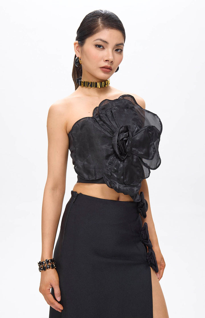 Lila Black Flower Decor Strapless Top.