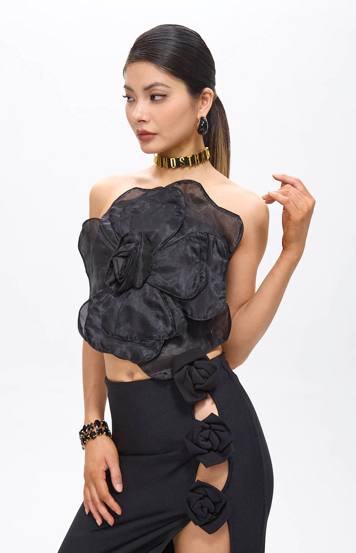 Lila Black Flower Decor Strapless Top.