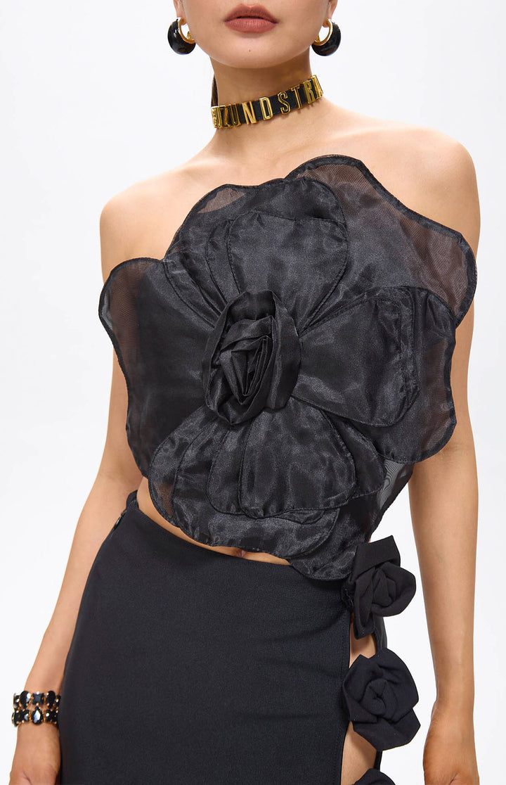 Lila Black Flower Decor Strapless Top.