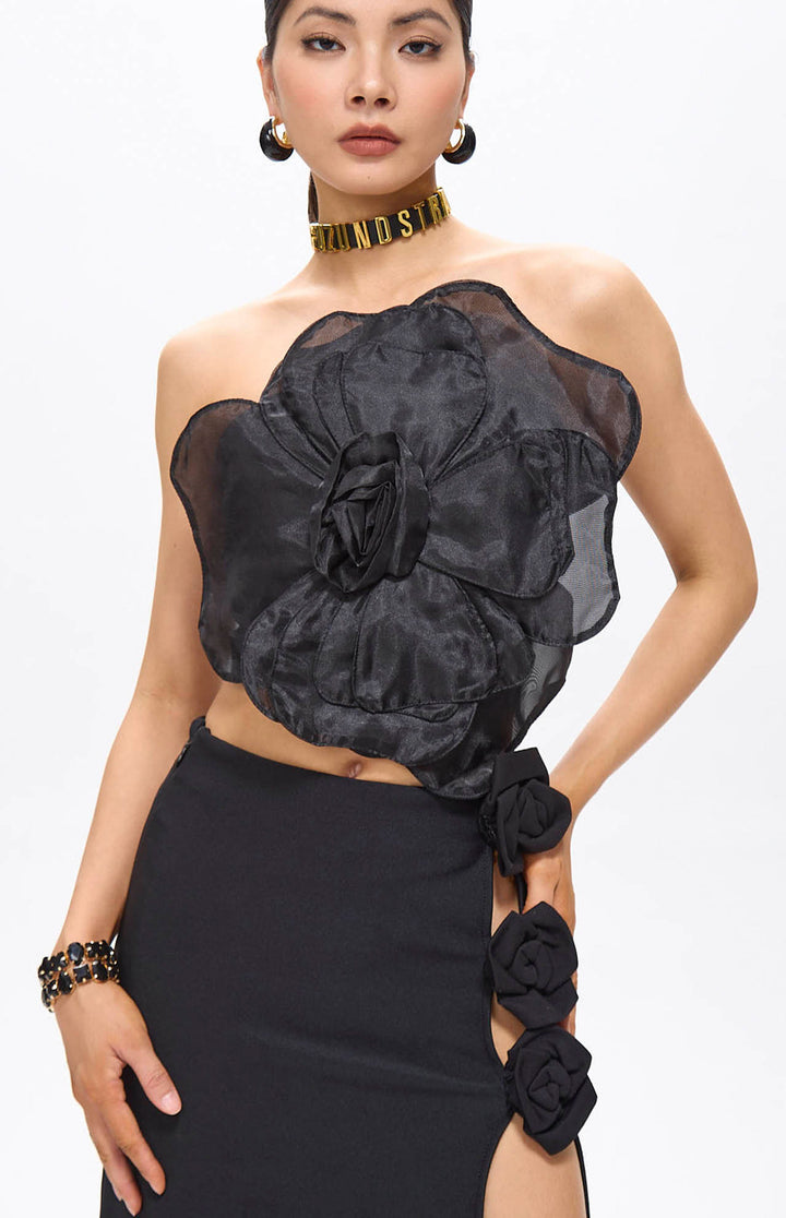 Lila Black Flower Decor Strapless Top.