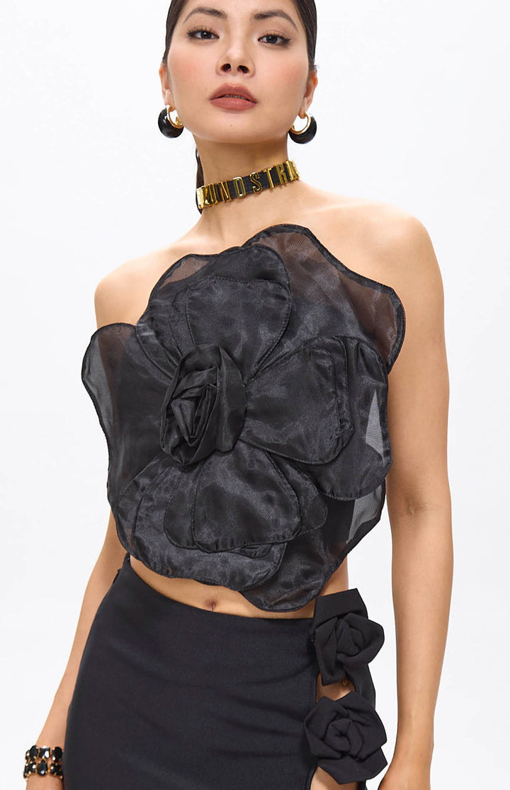 Lila Black Flower Decor Strapless Top.