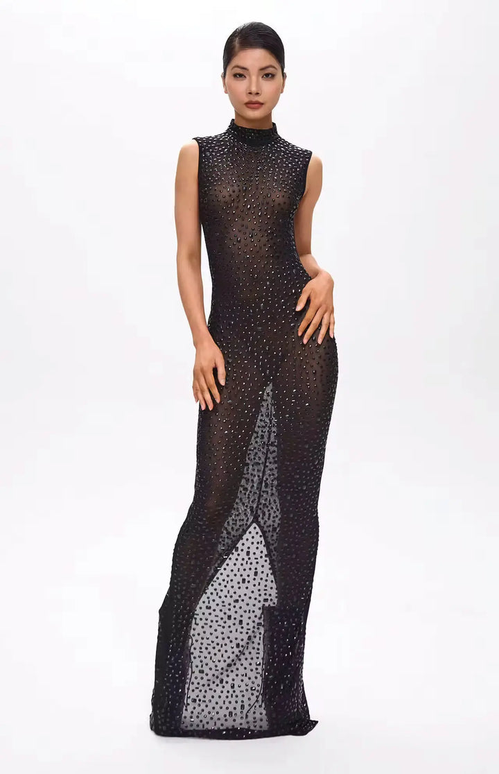 Mone Embellished Black Crystal Maxi Dress.