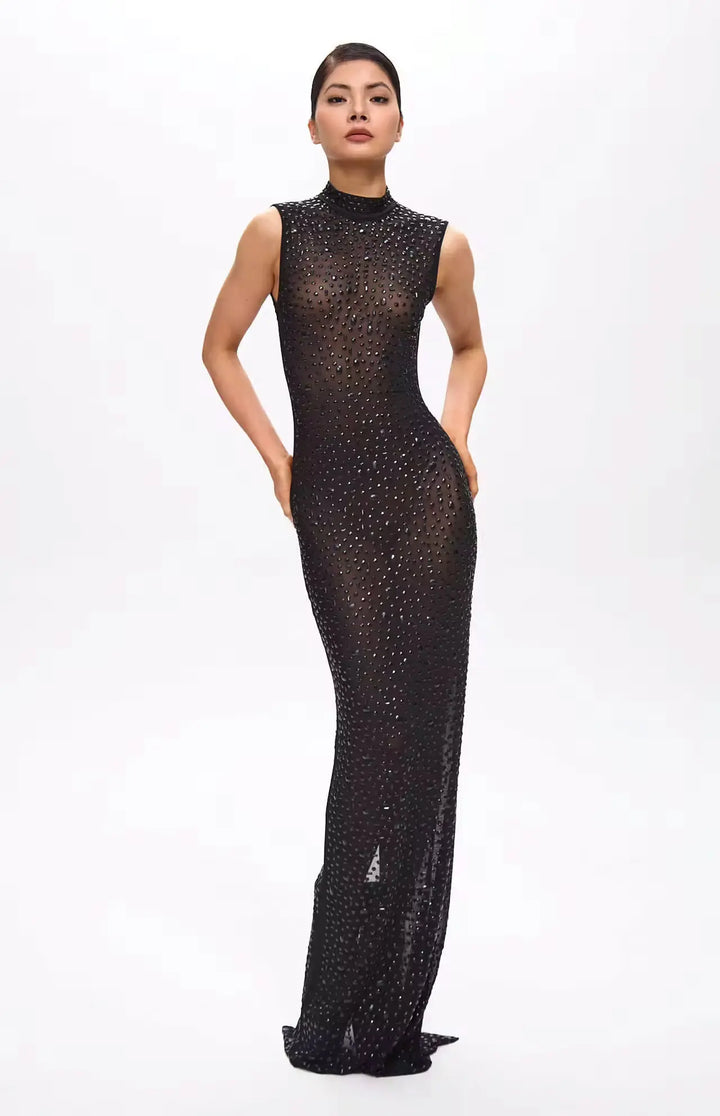 Mone Embellished Black Crystal Maxi Dress.