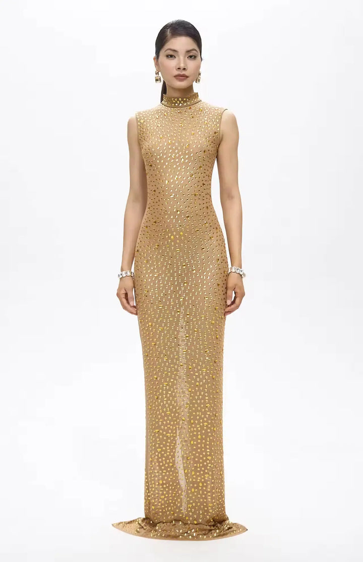 Mone Embellished Golden Mesh Maxi Dress.