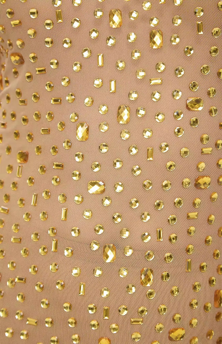 Mone Embellished Golden Mesh Maxi Dress.