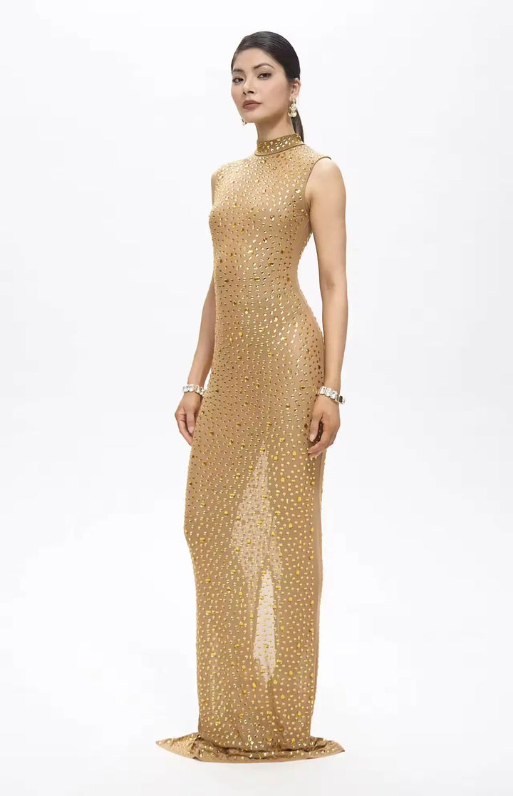 Mone Embellished Golden Mesh Maxi Dress.