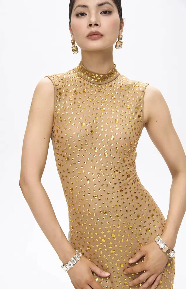 Mone Embellished Golden Mesh Maxi Dress.
