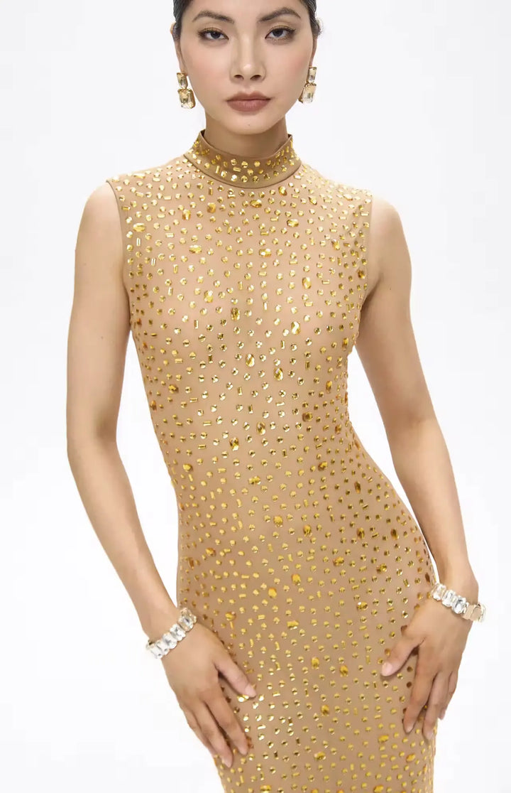 Mone Embellished Golden Mesh Maxi Dress.