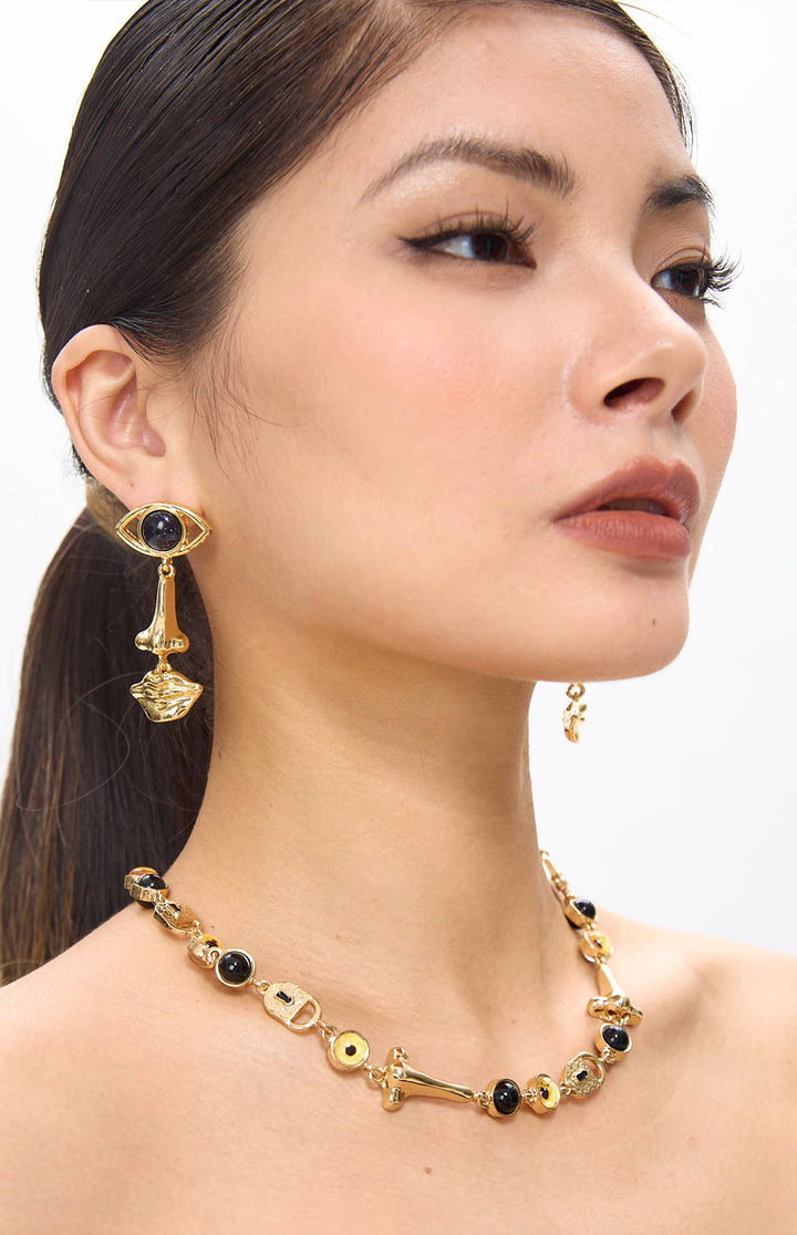 Nosa Vintage Golden Face Shape Necklace & Earrings Set.